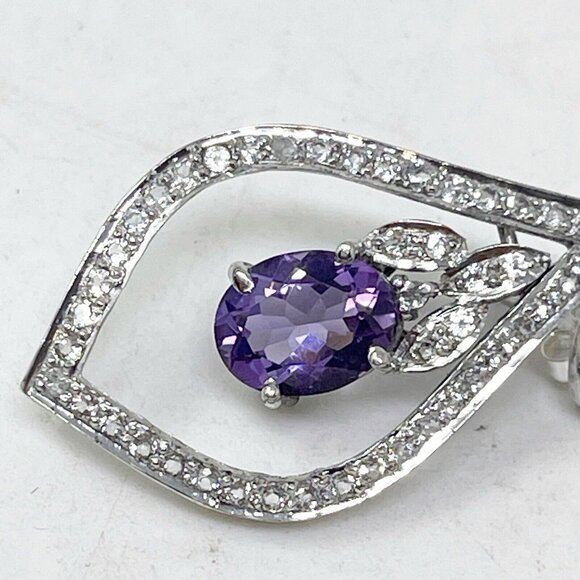 925 Sterling Silver Amethyst & Cubic Zirconia Drop Statement Pierced Earrings - Picture 5 of 8